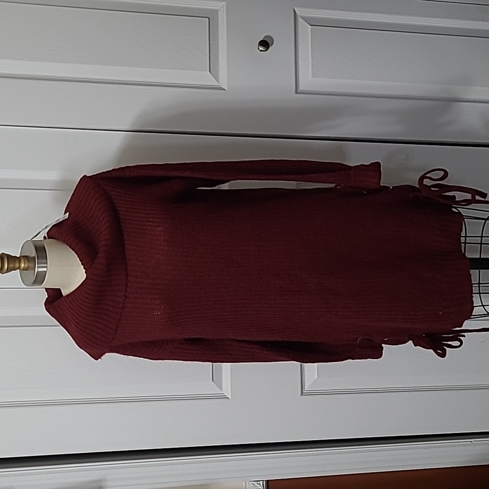 NWT AMP Burgundy Cowl Neck Sweater Dress, Medium, Laces up the sides